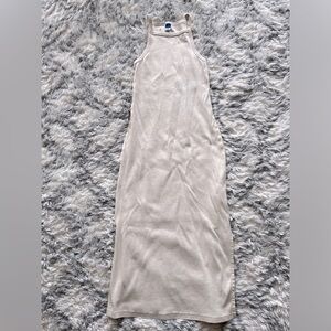 Old Navy long beige dress, slit on sides at bottom, racer back style, hugs well